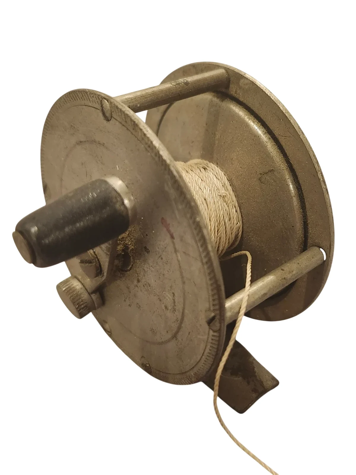 Vintage Metal Reel with Hand Crank and Wound Line